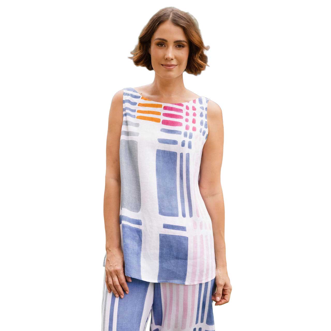 See Saw 100% Linen Boat Neck Tank With Splits